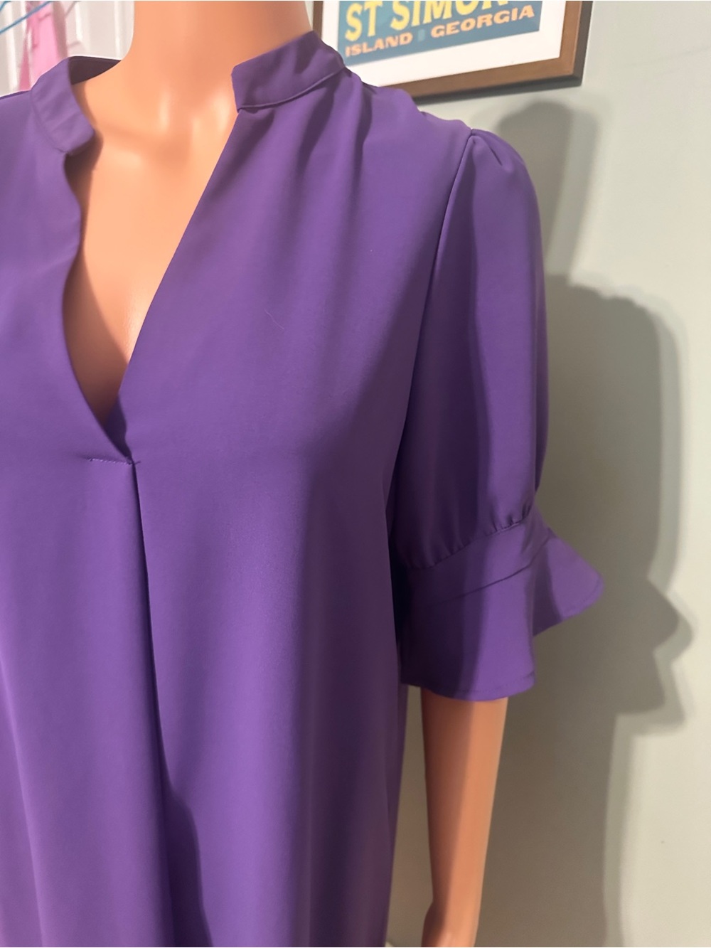 V-Neck Ruffle Sleeve Shift Dress - Purple - Picture 7 of 14